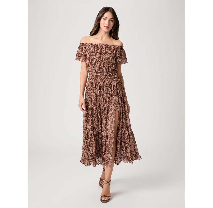 Woman wearing the Alistar Dress in Oak Multi Silk
