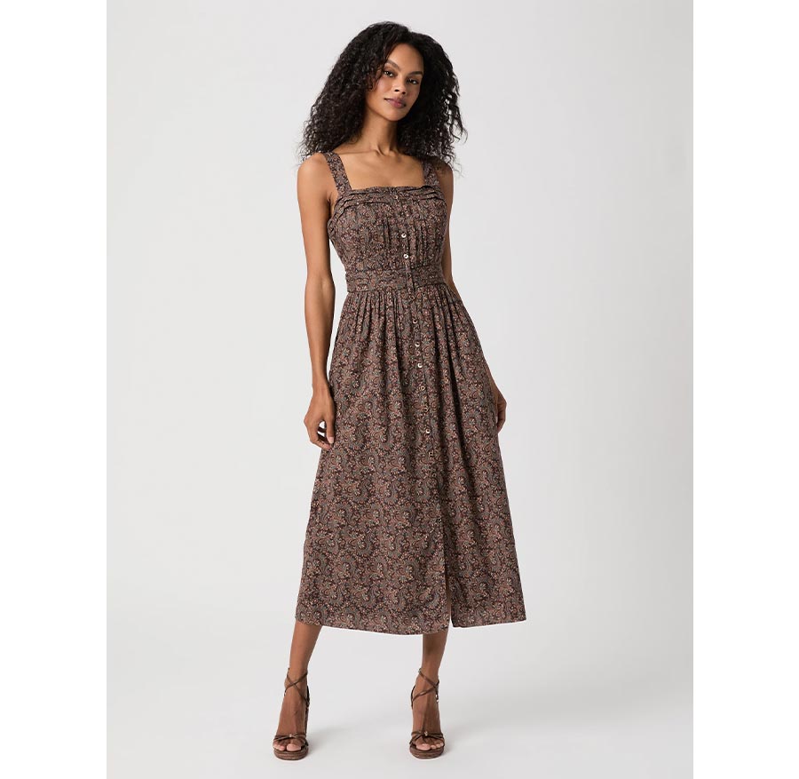 Woman wearing the Temecula Dress in Dark Brown Multi