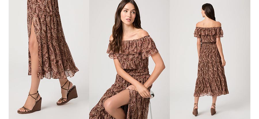 Detail shots of woman wearing the Alistar Dress in Oak Multi Silk