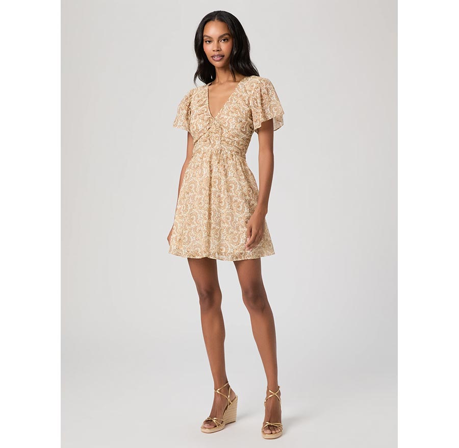 Woman wearing the Kinga Mini Dress in Bone Multi