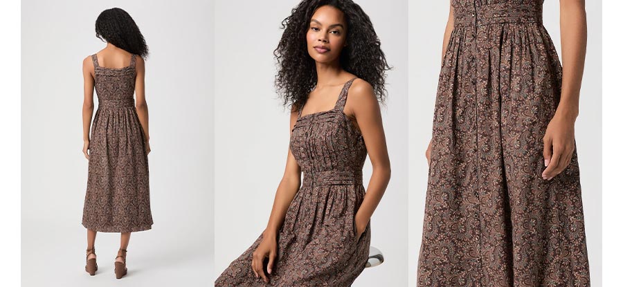 Detail shots of woman wearing Temecula Dress in Dark Brown Multi