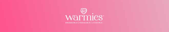 Warmies logo on pink. Shop Warmies.