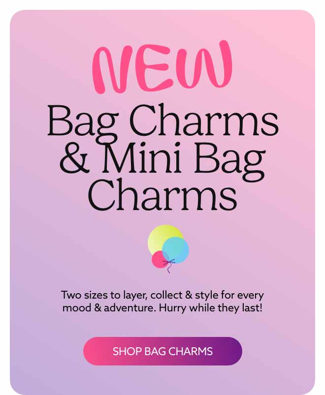 A purple text card. Shop NEW Bag Charms.