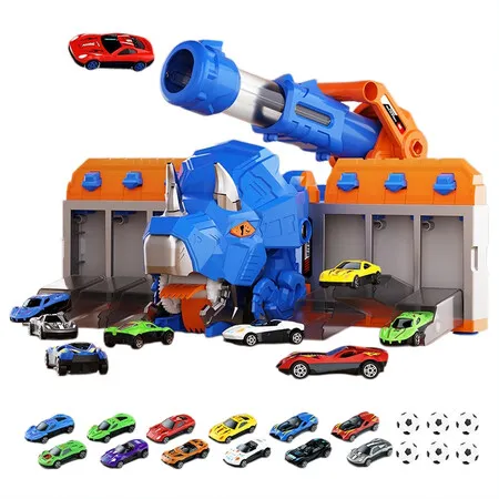 Blue Triceratops Swallowing Truck with 12 Die-Cast Cars 6 EVA Foam Balls Cannon Launcher Storage Toy Truck for Boys