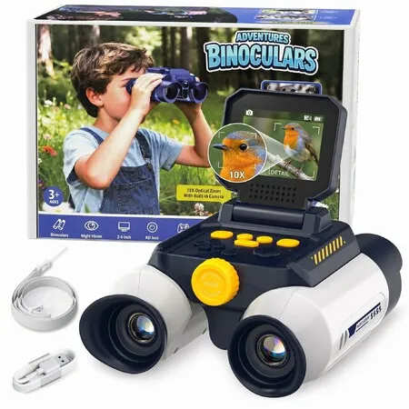Kids Digital Binoculars with Night Vision Camera, 10X Optical Zoom Telescope with 2.4 Inch IPS Screen, STEM Observation Toy for Bird Watching Camping,White