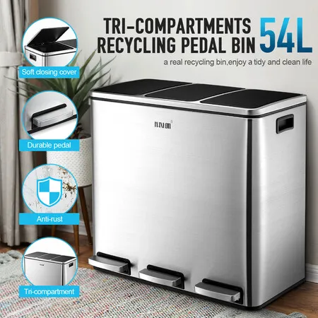 54L Rubbish Bin Pedal Recycling Trash Can Kitchen Waste Garbage Household Stepbin with Three Compartments Silver