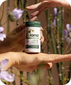 Green-lidded 'iana' supplement bottle held between hands among purple wildflowers in sunlight, natural wellness product