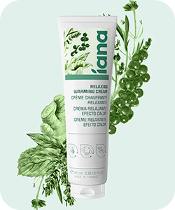 Tube of Lana relaxing warming cream with fresh basil and herb illustrations on a pale green background