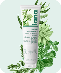 Tube of Lana Soothing Massage Balm with green botanical herbs and chamomile illustration, soothing skincare product