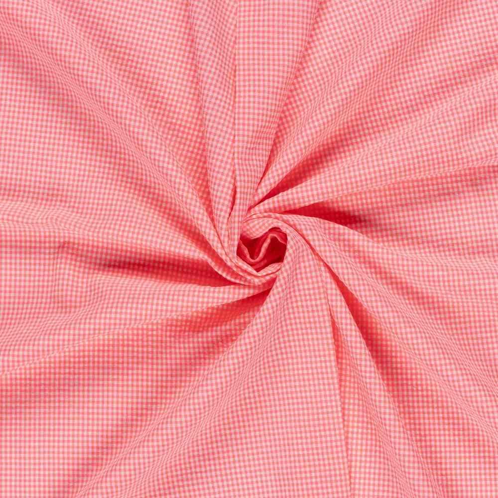 Coupon Tissu Seersucker Carreaux Nano Vichy sur fond Rose corail flou - Coupon de 60 cm