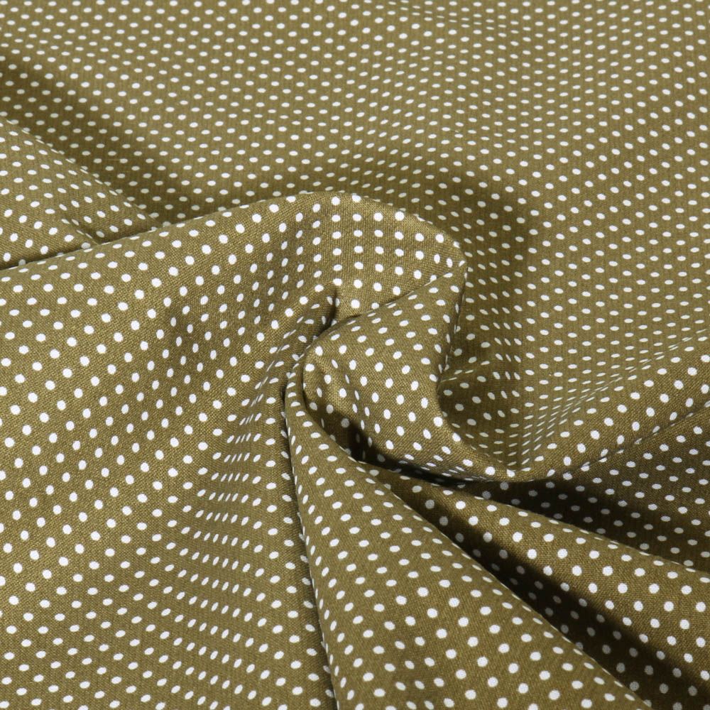 Tissu Popeline de Coton Carmella à pois blanc sur fond Vert kaki - Par 10 cm