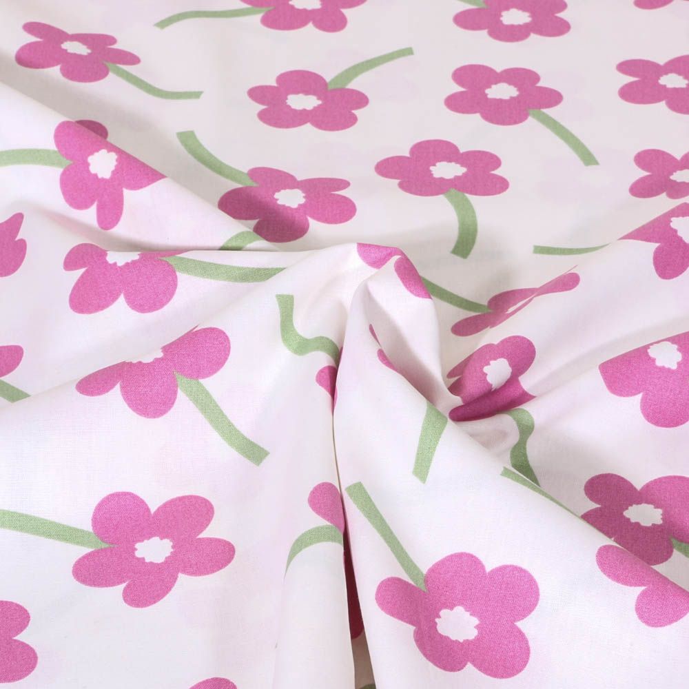 Tissu Popeline de Coton Fleurs roses et vertes sur fond Ecru - Par 10 cm