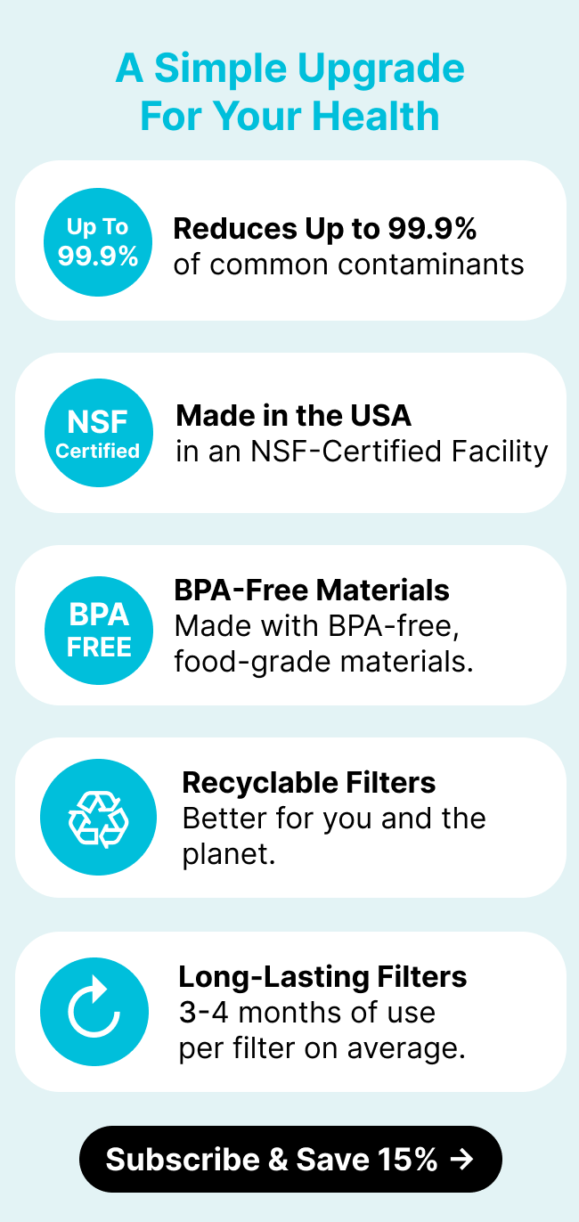 A Simple Upgrade For Your Health: ✅ Reduces Up To 99.9% Of Common Contaminants 🇺🇸 Made In The USA In An NSF-Certified Facility ♻️ BPA-Free Materials & Replaceable Filter Technology 📅 Long-Lasting Filters (3–4 Months Per Filter*) ***Subscribe & Save***