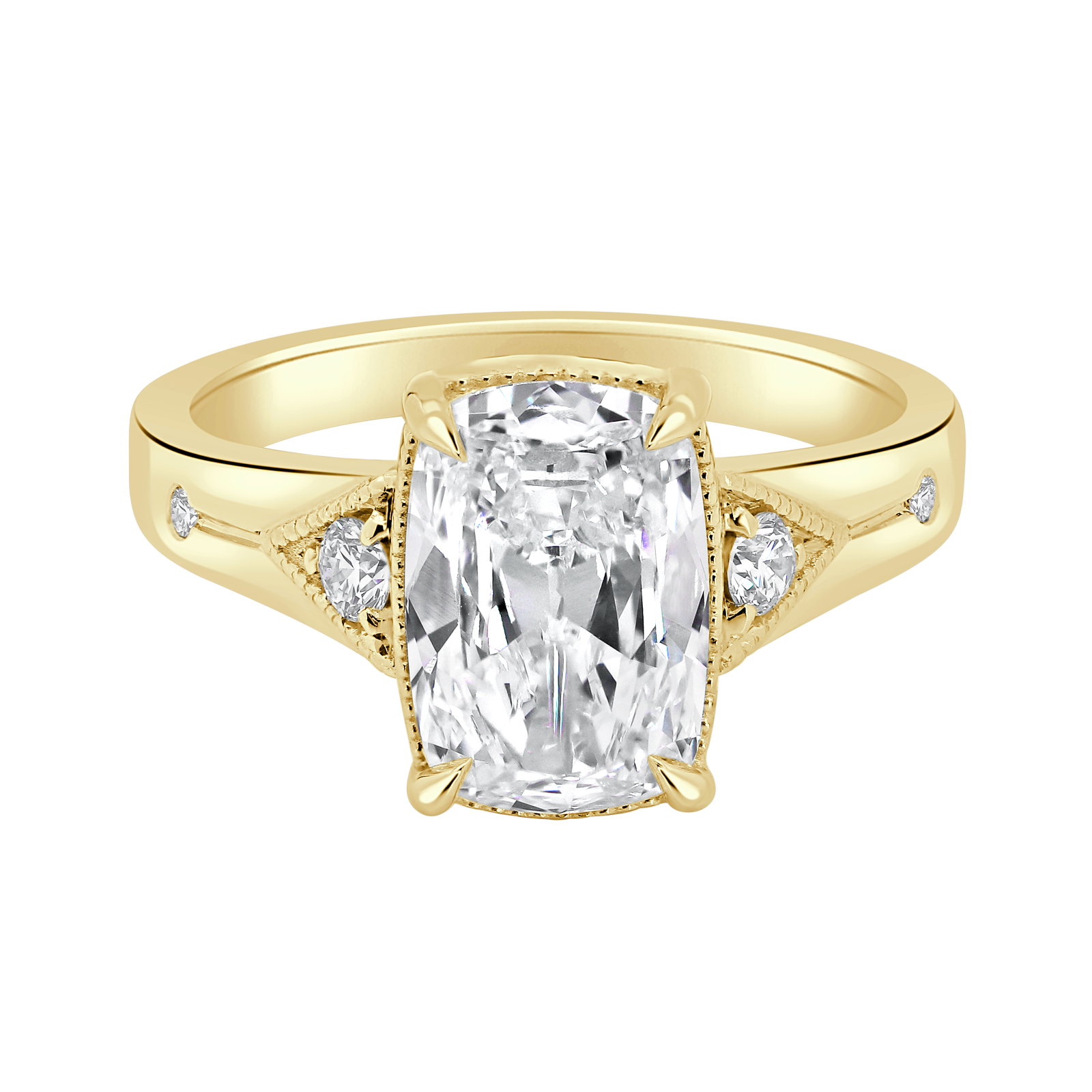 Image of Old Mine Elongated Cushion Lab Grown Diamond 3 1/8ctw. Bezel Set Engagement Ring in 14k Yellow Gold