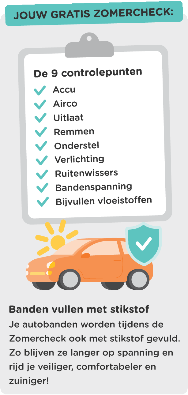 Tijdens de gratis Zomercheck wordt je auto gecontroleerd op 9 controlepunten. 
