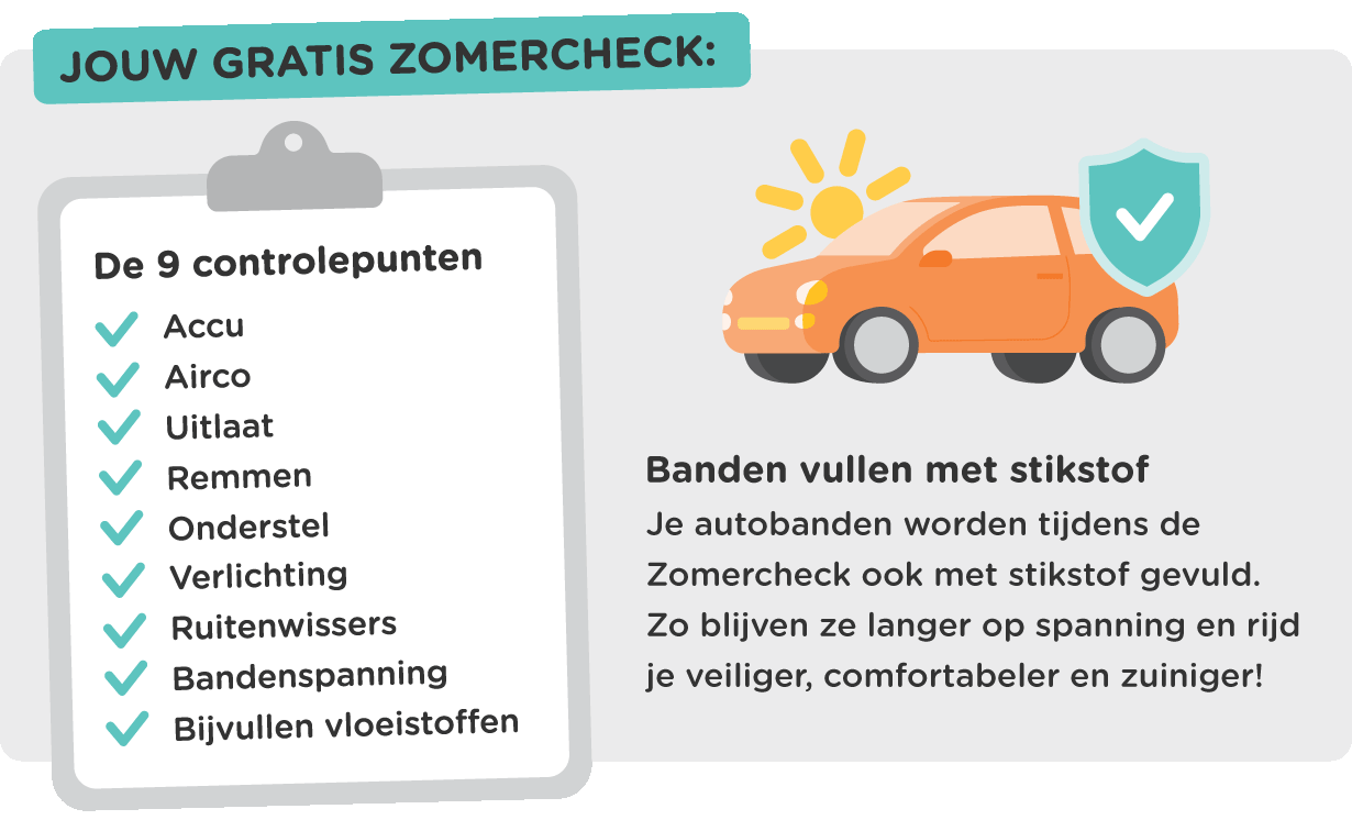 Tijdens de gratis Zomercheck wordt je auto gecontroleerd op 9 controlepunten. 