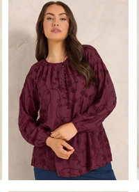 EVANS Curve Burgundy Red Floral Embroidered Blouse