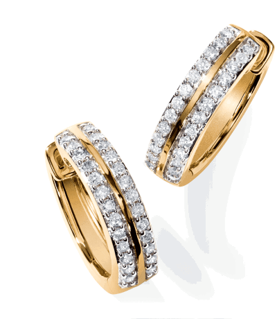 Yellow gold hoop earrings with two rows of pavé diamonds.