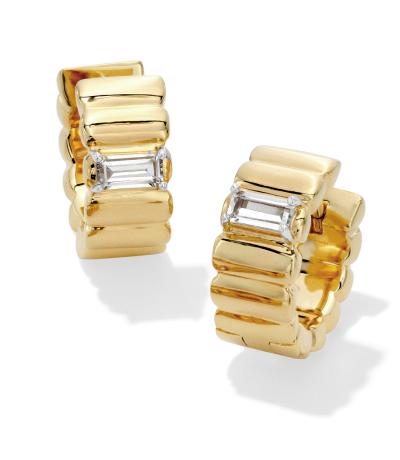 Yellow gold hoop earrings with baguette diamonds.