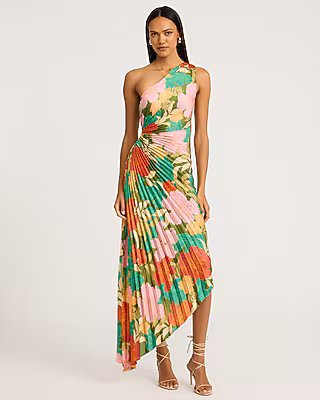Satin Floral One Shoulder Pleated Cutout Asymmetrical Midi Dress