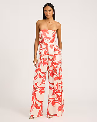 Satin Printed Strapless Wide Leg Jumpsuit with Pockets