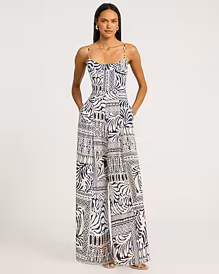 Printed Sleeveless Wide Leg Jumpsuit with Pockets