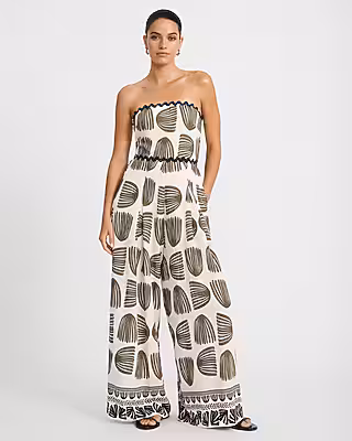 Printed Strapless Wide Leg Jumpsuit with Pockets