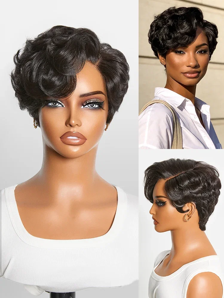 Image of Beginner Friendly Natural Black Lightweight Roll Curl Glueless Minimalist HD Lace Short Pixie Cut Wig Pre Cut Lace