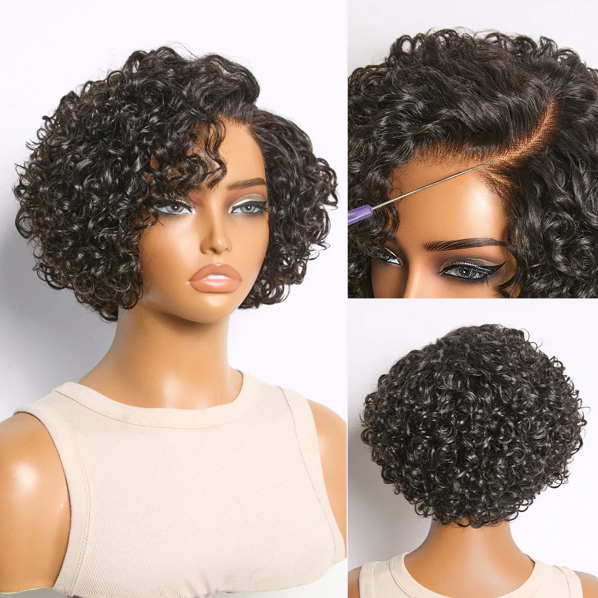 Image of Natural Black / Brown Highlight Water Wave Pixie Cut Glueless Minimalist HD Lace Short Curly Wig