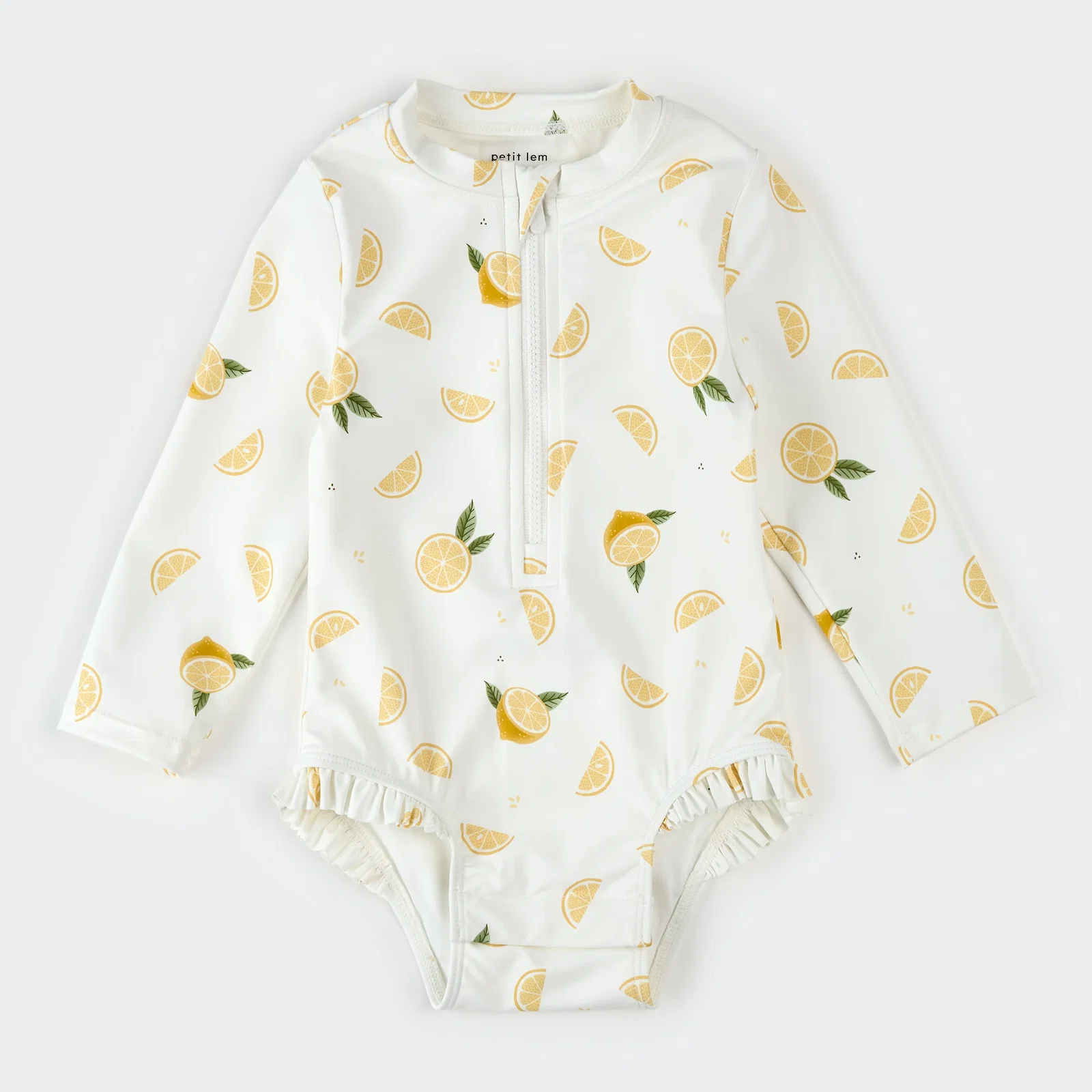 Image of Lemon Print on Off-White Long-Sleeve One-Piece Swimsuit