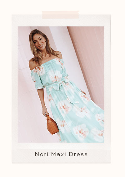Nori Off Shoulder Maxi Dress - Jade Green Blurred Floral