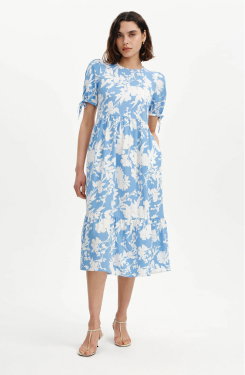 Jessa Blue Floral Puff Sleeve Midi Tiered Dress