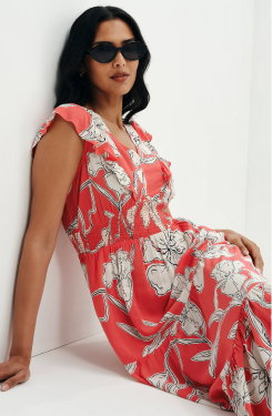 Mattie Red Floral Frill Sleeve Empire Waist Tiered Midi Dress