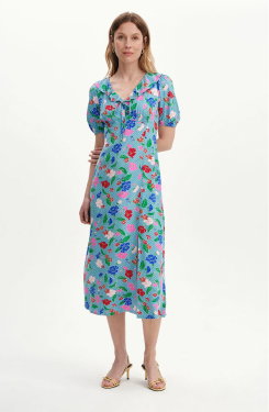 Zeffira Blue Floral Frill Collar Puff Sleeve Midi Dress