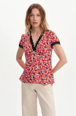 Lacie Red Ditsy Lace Trim V-Neck Empire Waist Top