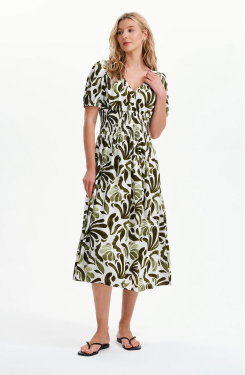 Dolly Green Abstract Puff Sleeve Shirred Waist Smock Midi Dress