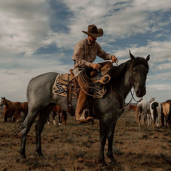 Cowboy sitting on top of a horse wearing a pair of Tony Lama boots.