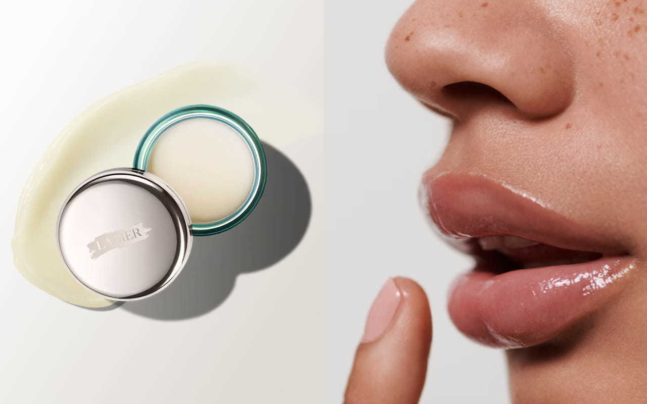 La Mer Lip Balm on the left with a close-up of a woman's lips applying the balm with a finger on the right.