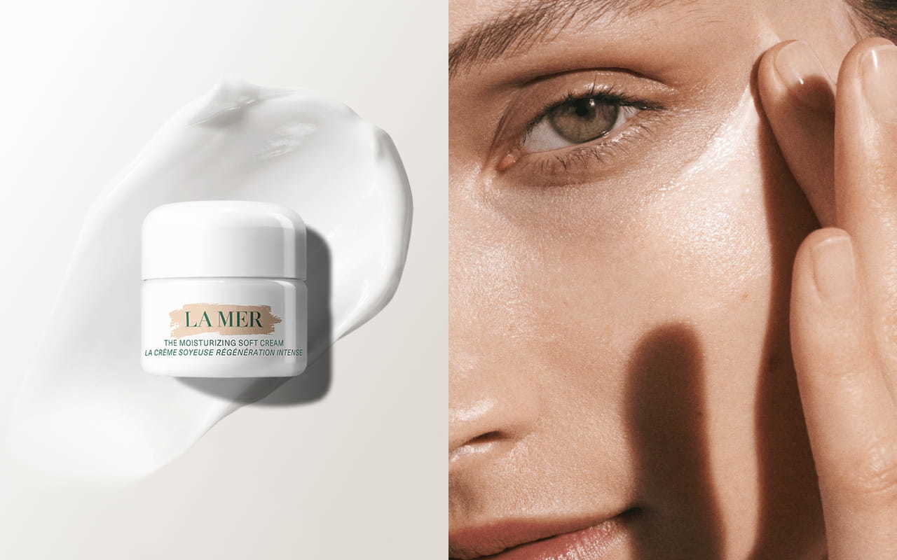 Travel-sized La Mer Moisturizing Soft Cream on the left with a close-up of a woman's face applying the cream with her fingers on the right.