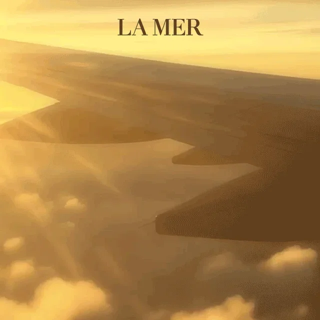 Close-up of an airplane flying at sunset with 'La Mer' logo on top.