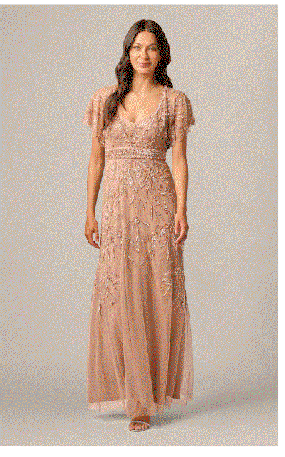 Short Sleeve Botanical Beaded Gown In Rose Gold