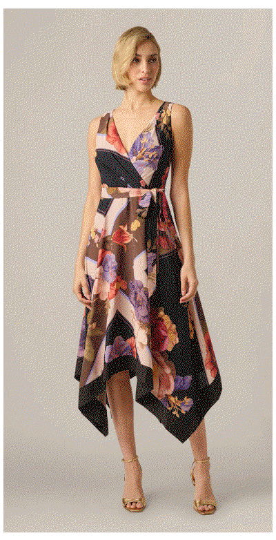 Floral Print Handkerchief Midi Dress In Black Multi