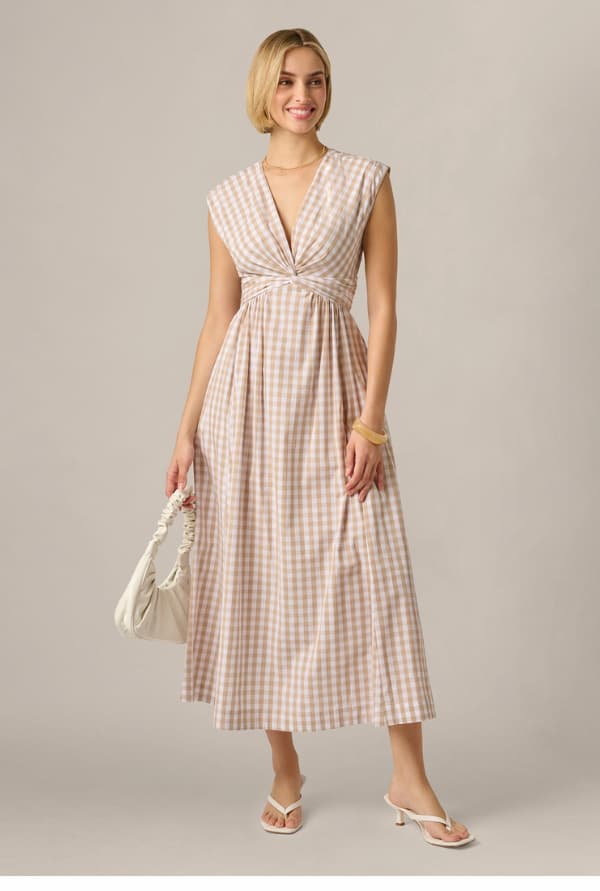 Gingham Cotton Everyday Midi Dress In Beige Ivory