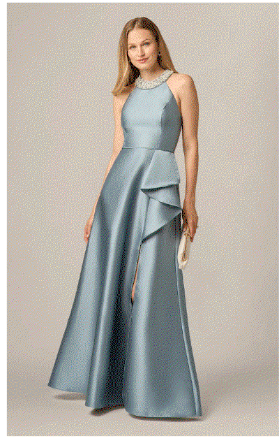Beaded Halter Draped Mikado Gown In Icy Opaline