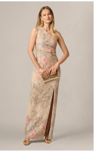 One Shoulder Floral Matelasse Column Gown In Blush Multi