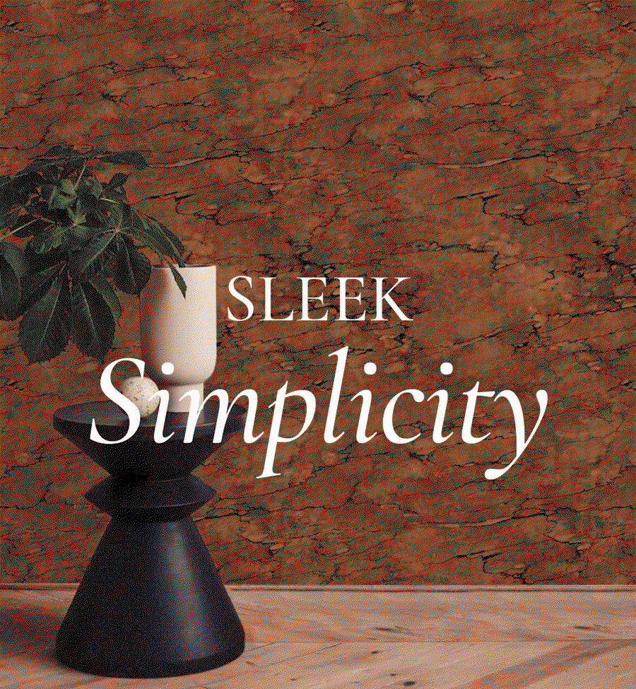 Gif image showing various Tempaper wallpaper prints in different room settings. Text overlay "Sleek Simplicity"