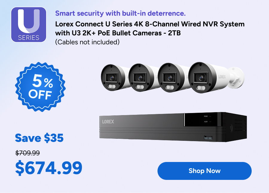 Connect U Series 4K 8-Channel Wired NVR System with U3 2K+ PoE Bullet Cameras - 2TB (Cables not included)