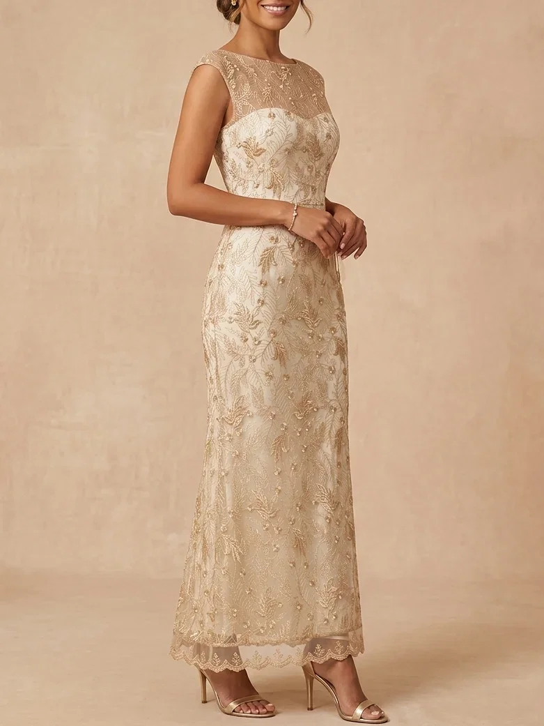 Champagne Lace Embroidered Mother of the Bride Dress - Elegant Sheath Wedding Guest Gown