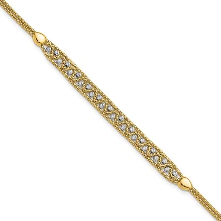 14K Two-Tone Gold Textured Diamond-cut 7mm Beaded Chain Bracelet Plus Extender