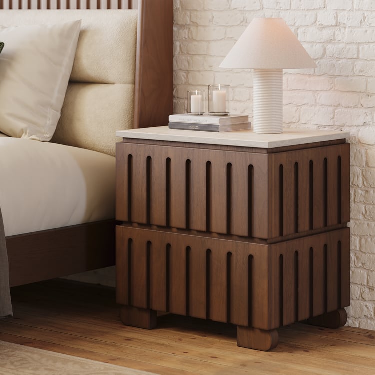 Ash Wood 2-Drawer Nightstand with Faux Travertine-Top